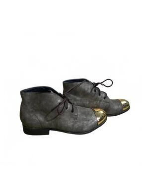 Dollhouse Flourish Gray Brown Faux Leather Ankle Boots with Gold Metal Toe Guard